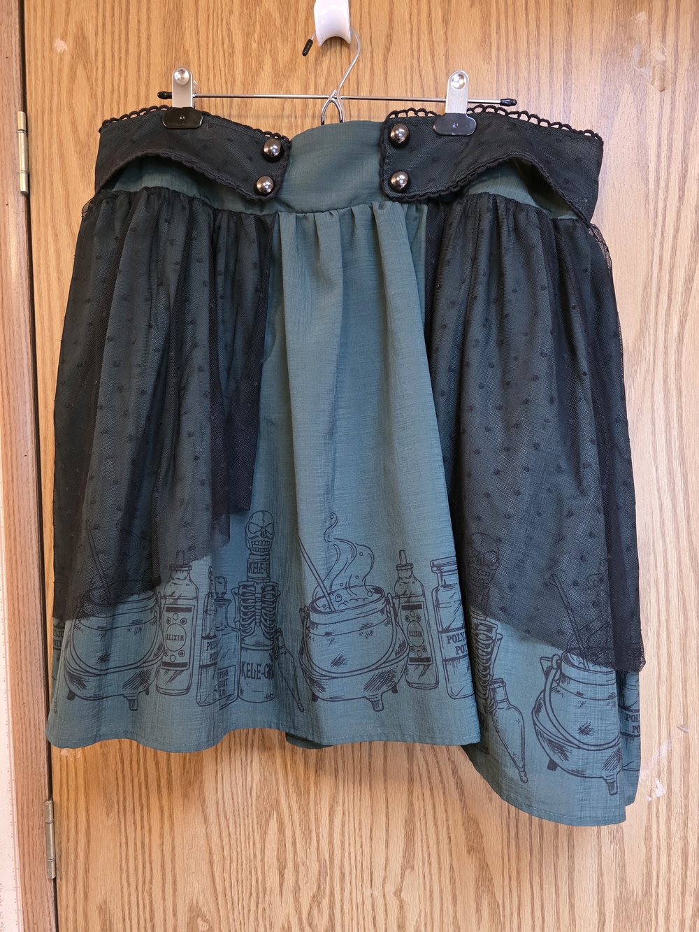 Women's Green Printed Skirt with Black Overlay